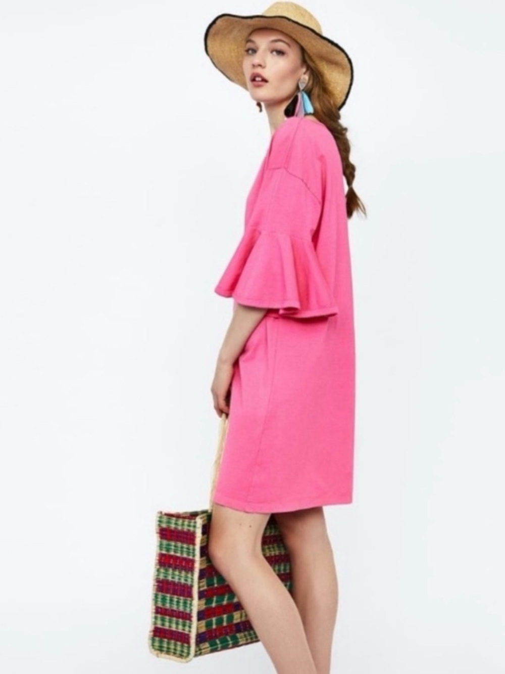 Zara Bright Pink Ruffle Sleeve Mini Dress